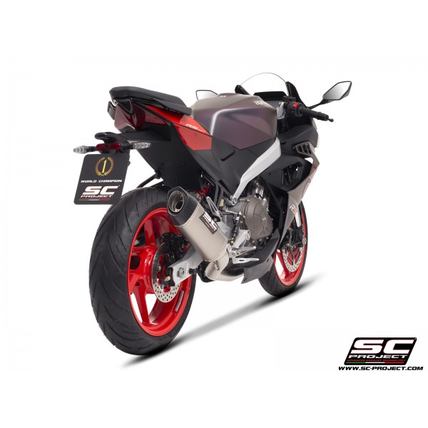Aftermarket exhaust for Aprilia RS 457 – lighter, more powerful, and deeper sound, available at BikeGear Ind