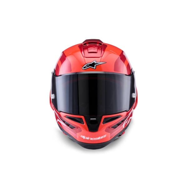 Alpinestars Supertech R10 Arius Double Red Glossy full-face motorcycle helmet with aerodynamic racing design and glossy red finish