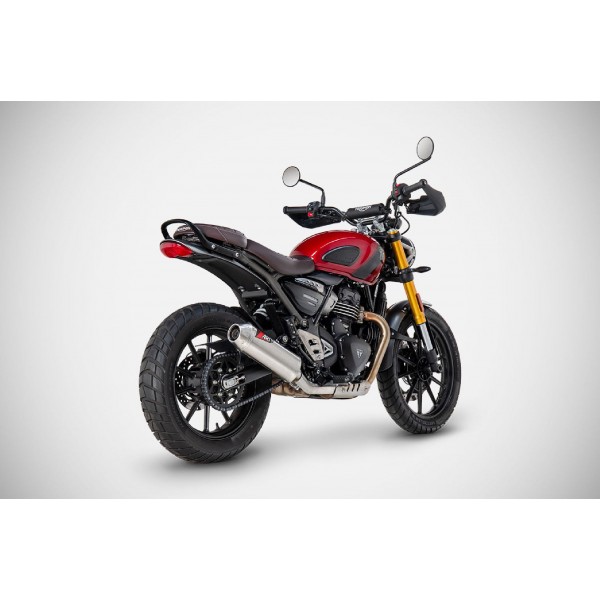 Performance exhaust for Triumph Scrambler 400X – aftermarket system with improved sound and flow, available at BikeGear India