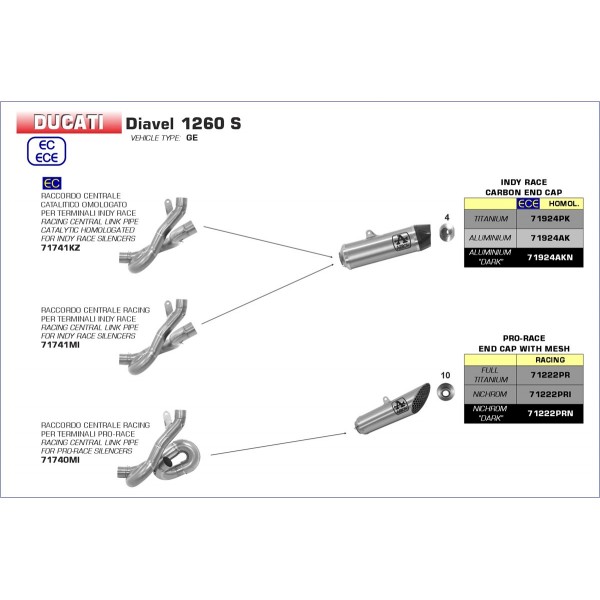 ARROW NON CATALYZED LINK PIPE FOR ARROW INDY-RACE SILENCERS OF DUCATI DIAVEL 1260 S 2019-2020 PART # 71741MI