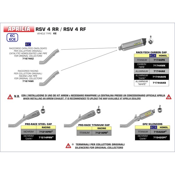 ARROW RACE-TECH CARBON SILENCER WITH CARBON END CAP FOR APRILIA RSV4 / TUONO V4 2017-2108 PART # 71674MI + 71744MK