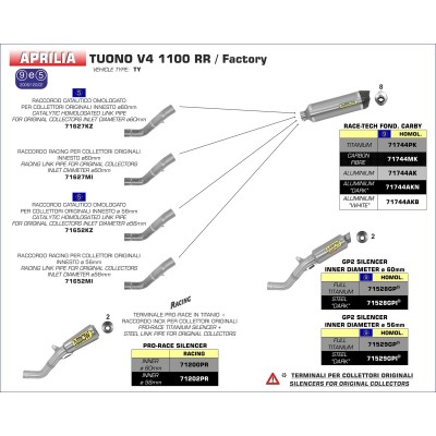ARROW RACE-TECH CARBY SILENCER WITH CARBON END CAP FOR APRILIA RSV4 / TUONO V4 1100 2015-2016 PART # 71627KZ + 71744MK