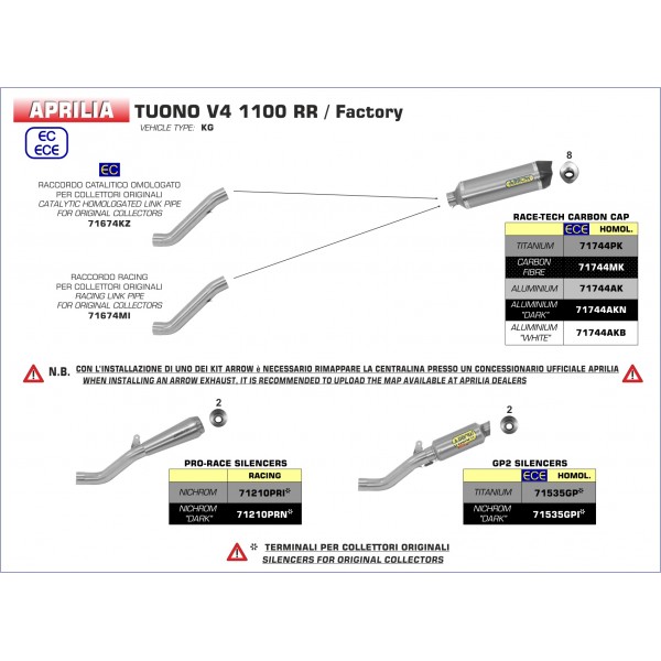 ARROW RACE-TECH ALUMINIUM DARK SILENCER WITH CARBON END CAP FOR APRILIA RSV4 / TUONO V4 2017-2018 PART # 71674MI + 71744AKN