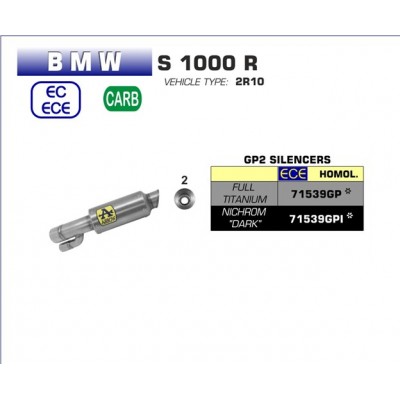 ARROW GP2 DARK SILENCER KIT FOR BMW S 1000 R 2017-2018 PART # 71539GPI