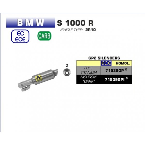 ARROW GP2 DARK SILENCER KIT FOR BMW S 1000 R 2017-2018 PART # 71539GPI