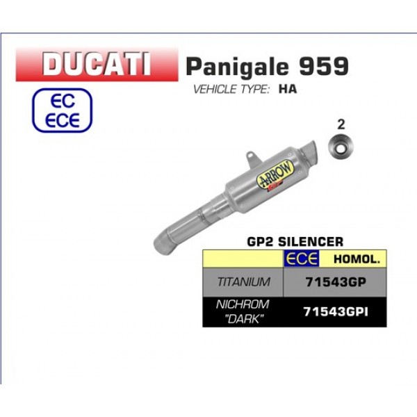 ARROW GP2 SILENCERS KIT FOR DUCATI 959 PANIGALE 2016-2019 PART # 71543GP