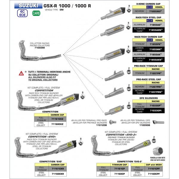 ARROW COMPETITION FULL EXHAUST SYSTEM WITH DB KILLER WITH CARBON END CAP FOR SUZUKI GSX-R 1000 / R 2017-2018 PART # 71160CKZ
