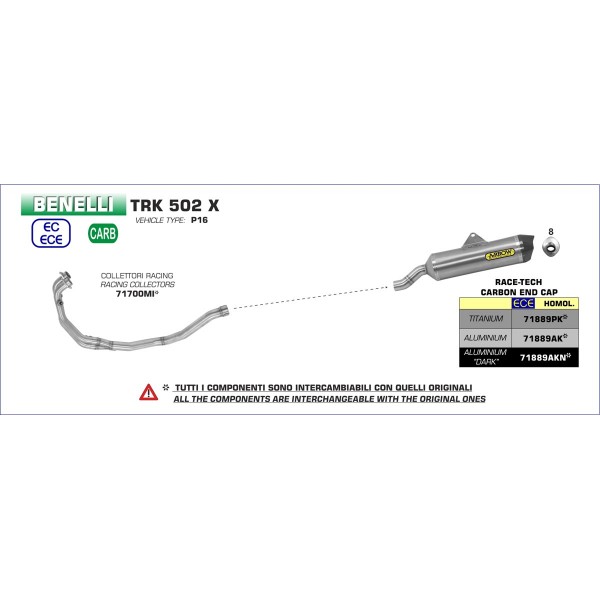 ARROW RACE-TECH ALUMINIUM SILENCER WITH CARBON END CAP FOR BENELLI TRK 502 X PART # 71889AK