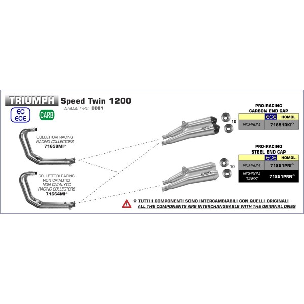 ARROW NICHROM PRO-RACING DARK SILENCERS FOR TRIUMPH THRUXTON 1200 R / SPEED TWIN PART # 71851PRN