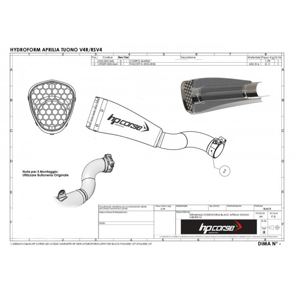HP Corse Hydroform Short Satin For Aprilia Tuono V4 1100 Part # XAPHY2001S-N-AB