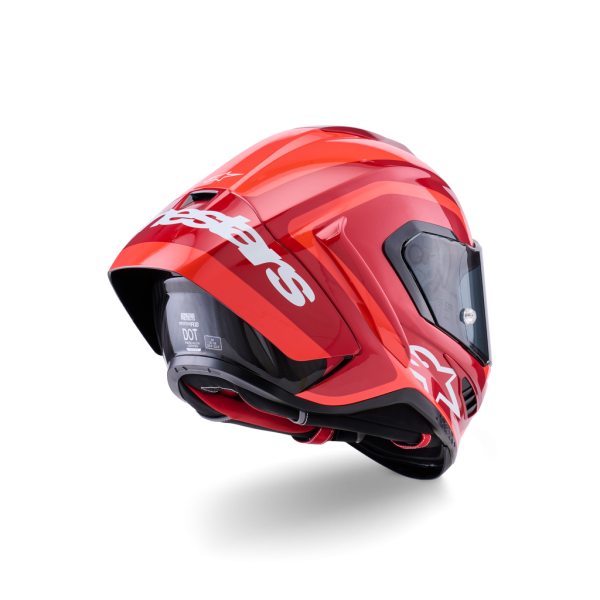 Alpinestars Supertech R10 Arius Double Red Glossy full-face motorcycle helmet with aerodynamic racing design and glossy red finish