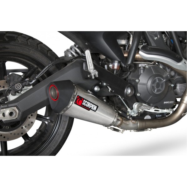 SCORPION SERKET TAPER SLIP-ON BRUSHED STAINLESS FOR DUCATI SCRAMBLER 2015-2020 PART # RDI62SEO