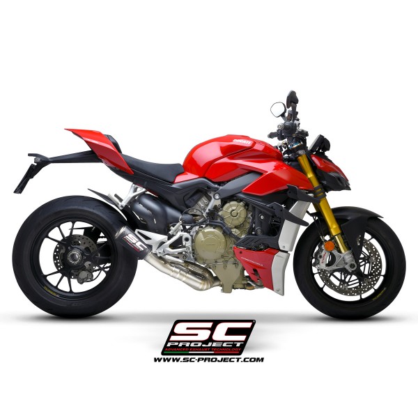 SC-PROJECT S1 MUFFLER TITANIUM WITH CARBON FIBER END CAP AND DE-CAT LINK FOR DUCATI STREETFIGHTER V4 2021PART # D33B-T69CR