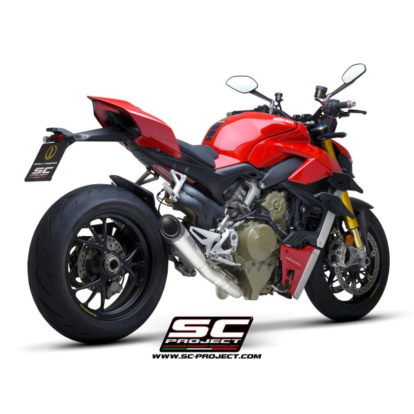 SC-PROJECT S1 MUFFLER TITANIUM WITH CARBON FIBER END CAP AND DE-CAT LINK FOR DUCATI STREETFIGHTER V4 2020 PART # D33A-LT41T
