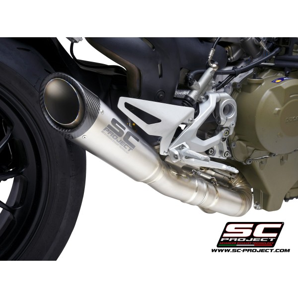SC-PROJECT S1 MUFFLER TITANIUM WITH CARBON FIBER END CAP AND DE-CAT LINK FOR DUCATI STREETFIGHTER V4 2020 PART # D33A-LT41T