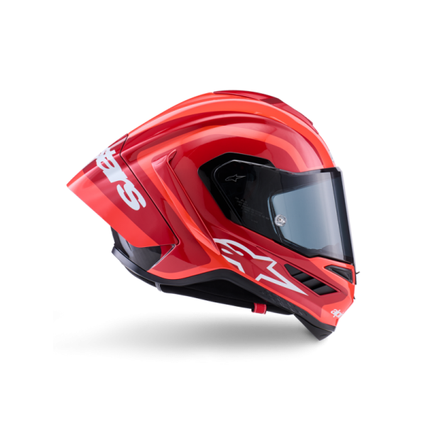 Alpinestars Supertech R10 Arius Double Red Glossy full-face motorcycle helmet with aerodynamic racing design and glossy red finish